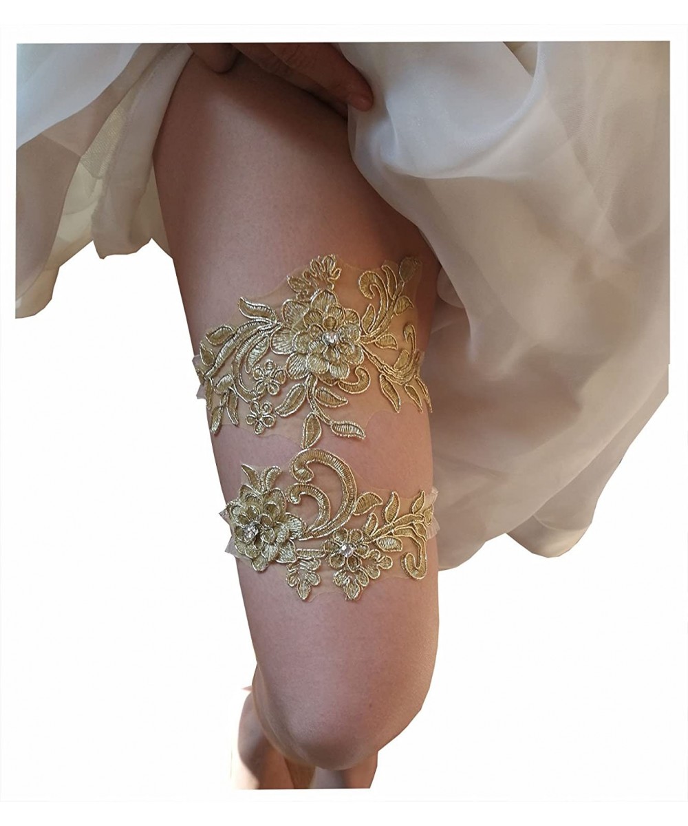 Garters & Garter Belts Wedding garters for bride sequins lace bridal garter set - Gold - CQ186X98SK2