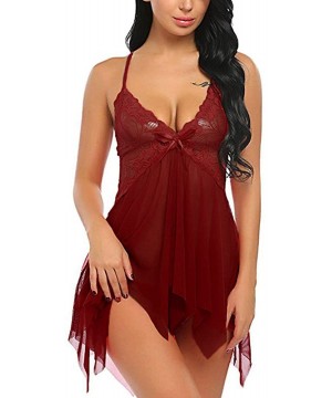 Baby Dolls & Chemises 2PCS Women Lingerie Nightdress Lace Lingerie Babydoll Deep V Neck Bow Sleepwear Strap Chemise with G-St...