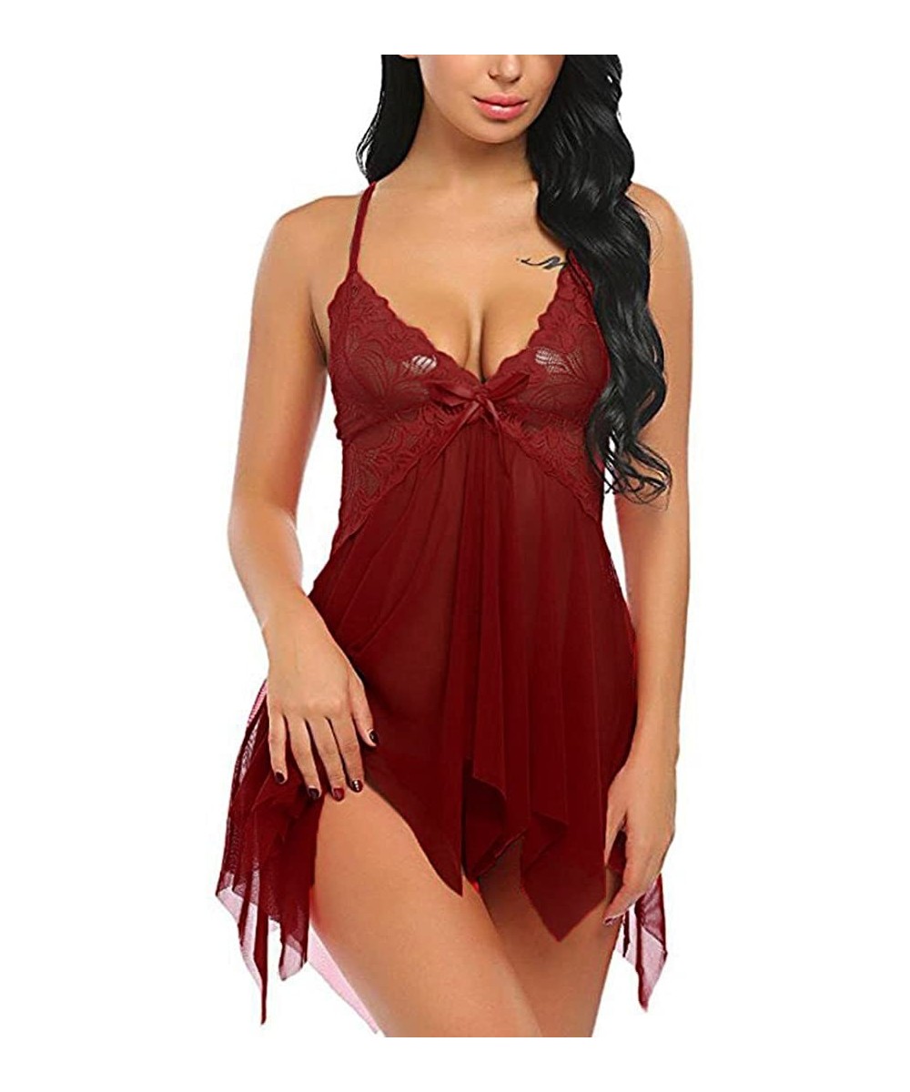 Baby Dolls & Chemises 2PCS Women Lingerie Nightdress Lace Lingerie Babydoll Deep V Neck Bow Sleepwear Strap Chemise with G-St...