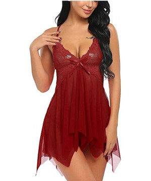 Baby Dolls & Chemises 2PCS Women Lingerie Nightdress Lace Lingerie Babydoll Deep V Neck Bow Sleepwear Strap Chemise with G-St...