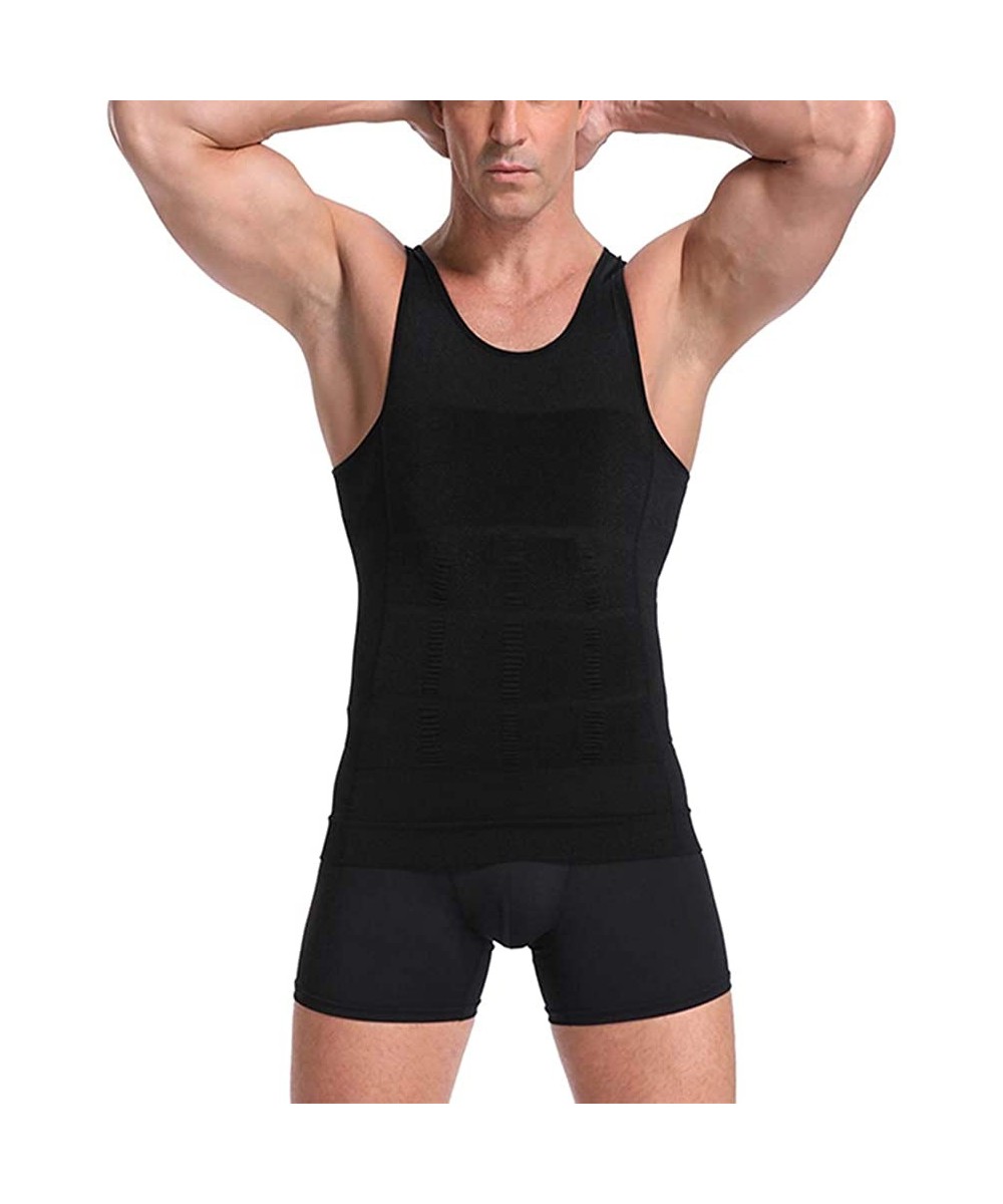 Shapewear Men's Body Shaper Vest T-Shirt Workout Tank Tops Compression Vest Sleeveless Abdomen Shapewear - Black - C019DI77Y0K