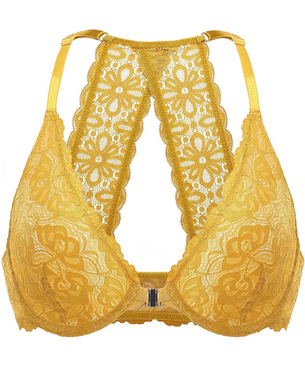 Bras Women's Lace Racerback Front Closure Plunge Minimizer Underwire Unlined Bra - Yellow-front Closure - CV18U0S5ILH