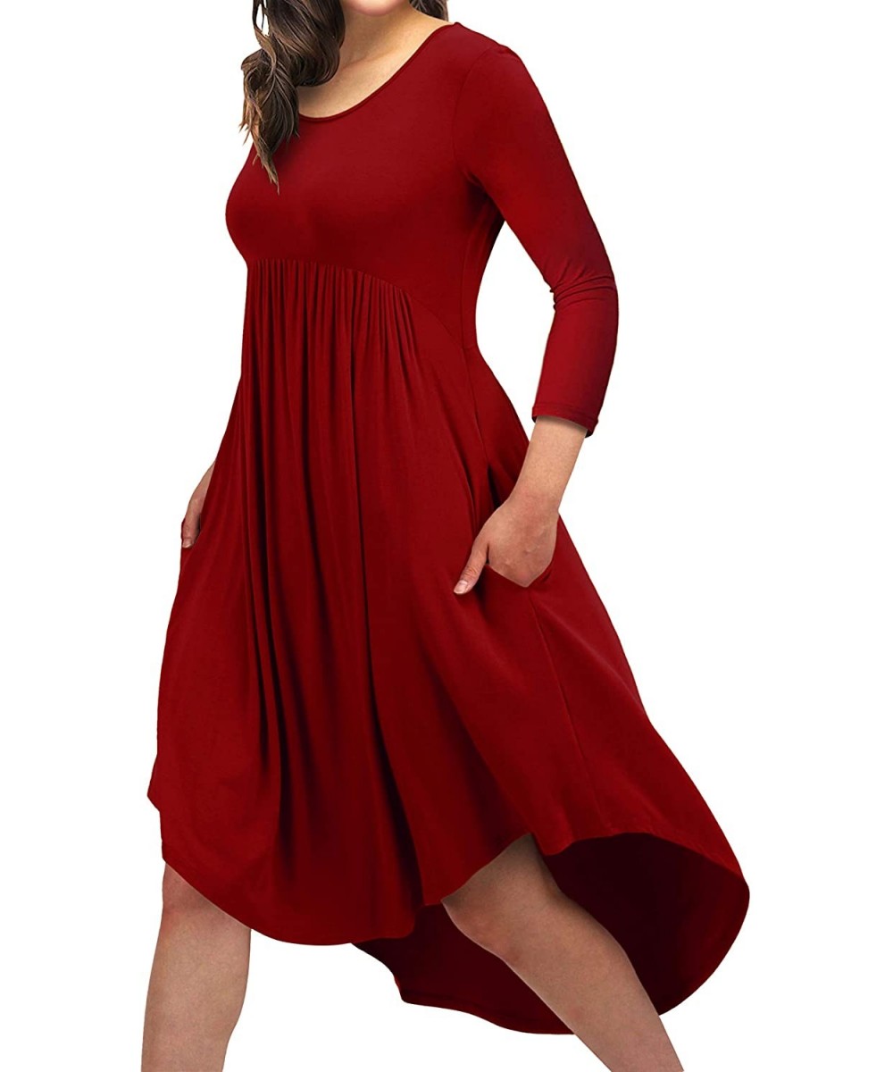 Nightgowns & Sleepshirts Women High Low Empire Waist Pleated Flowy Loungewear Pocket Midi Dress - Winered(3/4 Sleeve) - C718Z...