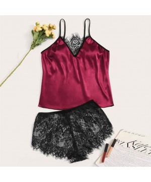 Baby Dolls & Chemises Lingerie for Women for Sex 3PC Womens Satin Lace Silk Camisole Shorts Thong Set Printing Pajamas Linger...