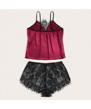 Baby Dolls & Chemises Lingerie for Women for Sex 3PC Womens Satin Lace Silk Camisole Shorts Thong Set Printing Pajamas Linger...