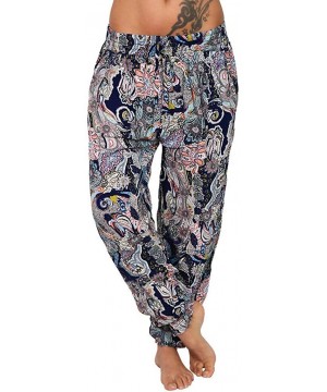 Robes Women Casual Plus Size Print Elastic Waist Drawstring Straight Loose Long Pants Navy - CM199HUCZST