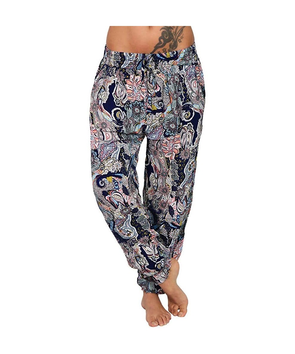 Robes Women Casual Plus Size Print Elastic Waist Drawstring Straight Loose Long Pants Navy - CM199HUCZST