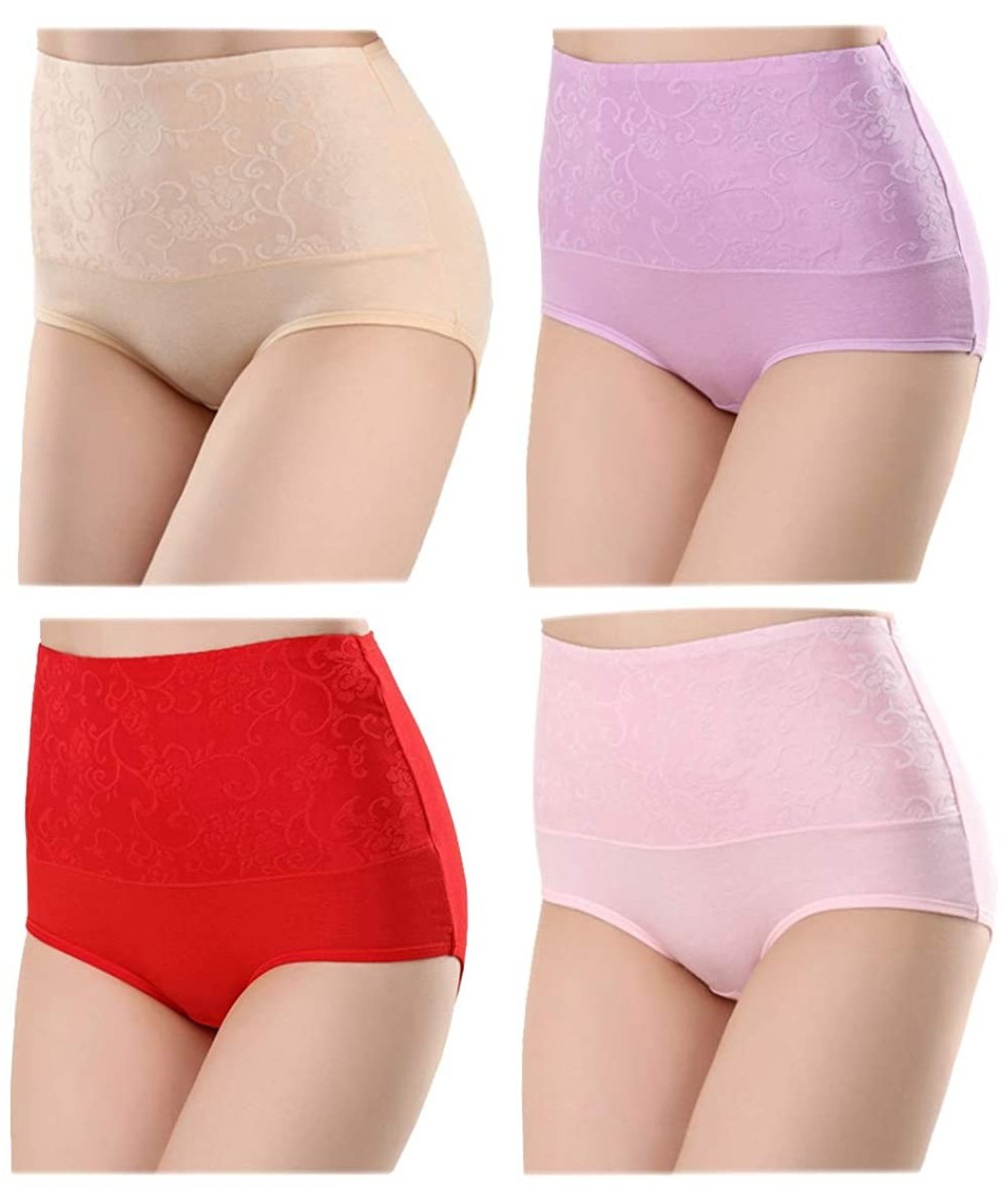 Shapewear Women's Cotton Underwear High Waist Tummy Control Briefs Panties Multipack - Red-light Purple-apricot-pink (4 Pack)...