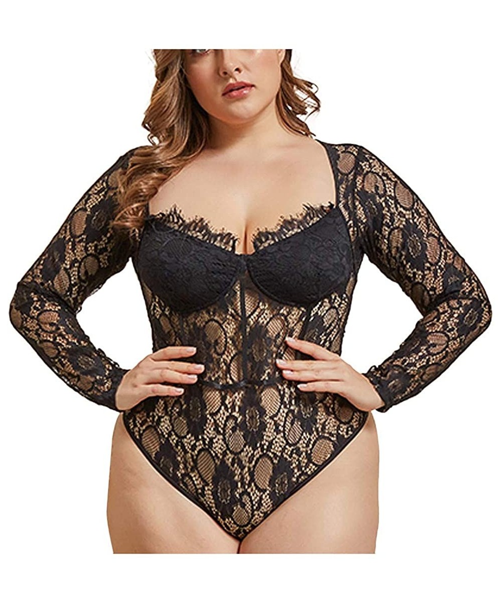 Bustiers & Corsets Women Sexy Long Sleeve Lingerie with Large One-Piece Garment Sexy Lace Underwear - Black - CH18X2KXC4U