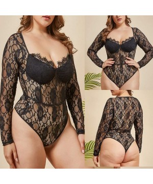 Bustiers & Corsets Women Sexy Long Sleeve Lingerie with Large One-Piece Garment Sexy Lace Underwear - Black - CH18X2KXC4U