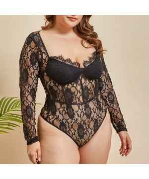 Bustiers & Corsets Women Sexy Long Sleeve Lingerie with Large One-Piece Garment Sexy Lace Underwear - Black - CH18X2KXC4U