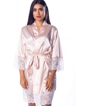 Robes Women's Lace Satin Silky Robe Bachelorette Kimono for Bride Bridesmaids Women - Blush - C518LZ2AXM0