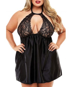 Sets Plus Size Chemise Lingerie for Women Sexy Hollow Out Halter Backless Nightgowns Stitching Color Sleepwear - Black - C519...