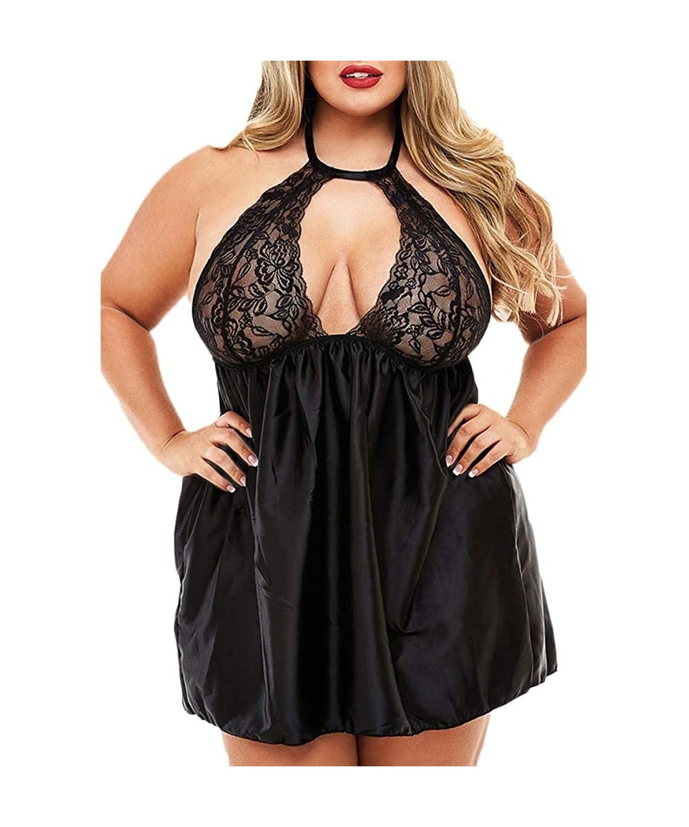 Sets Plus Size Chemise Lingerie for Women Sexy Hollow Out Halter Backless Nightgowns Stitching Color Sleepwear - Black - C519...