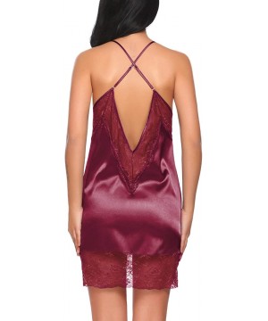 Slips Women Lingerie Satin Babydoll Nightgown V Neck Strap Lace Chemise Sleepwear Set - A7273-dark Red - CU18C74Z9TL