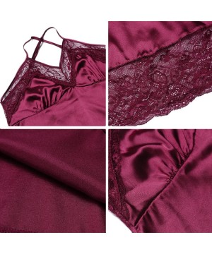 Slips Women Lingerie Satin Babydoll Nightgown V Neck Strap Lace Chemise Sleepwear Set - A7273-dark Red - CU18C74Z9TL