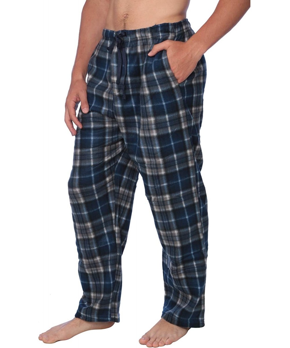 Sleep Bottoms Men's PJ Pajama Fleece Lounge Plaid Bottoms Pants Microfleece (Single or 3 Pack)- 12 Colors - Blue White - C218...