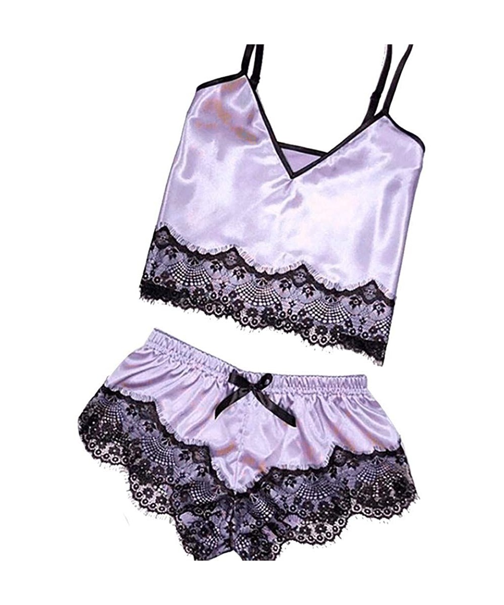 Sets Summer Womens Lace Trim Underwear Lingerie Sleeveless Straps Bralette Pajama Set Satin Silk Nightwear Shorts Purple - CX...