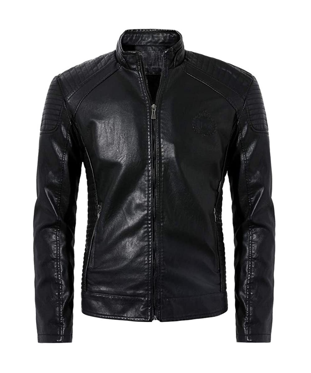 Thermal Underwear Men's Vintage Leather Jacket Lightweight Windproof Faux Leather Coat Stand Collar Motorcycle Outwear with Z...