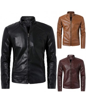 Thermal Underwear Men's Vintage Leather Jacket Lightweight Windproof Faux Leather Coat Stand Collar Motorcycle Outwear with Z...