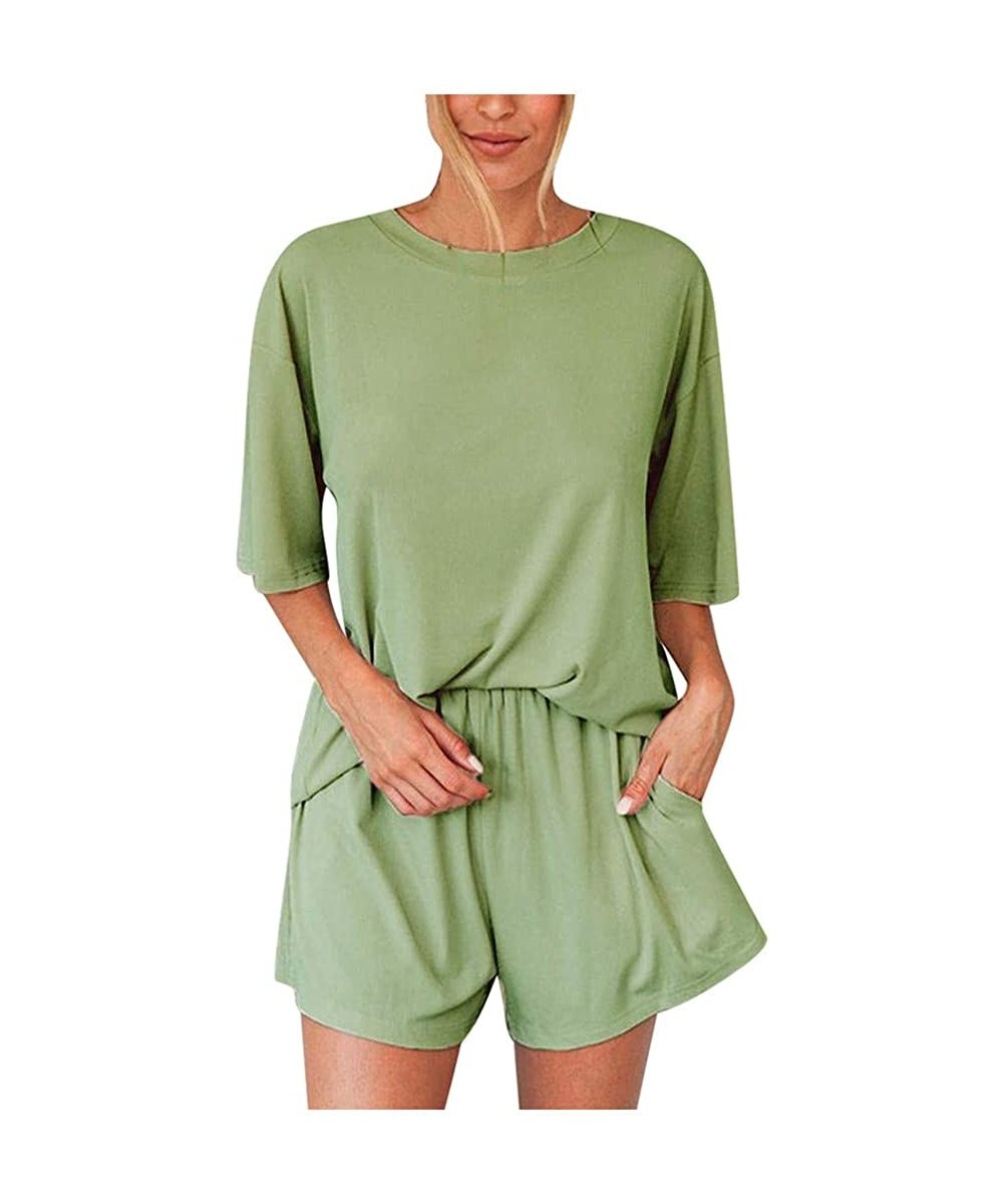 Sets Women Nightwear Short Sleeve Shirt and Shorts Pajama Set O Neck Sleepwear 2 Piece Outfits Pajama Set - Green - CG190C53LHN