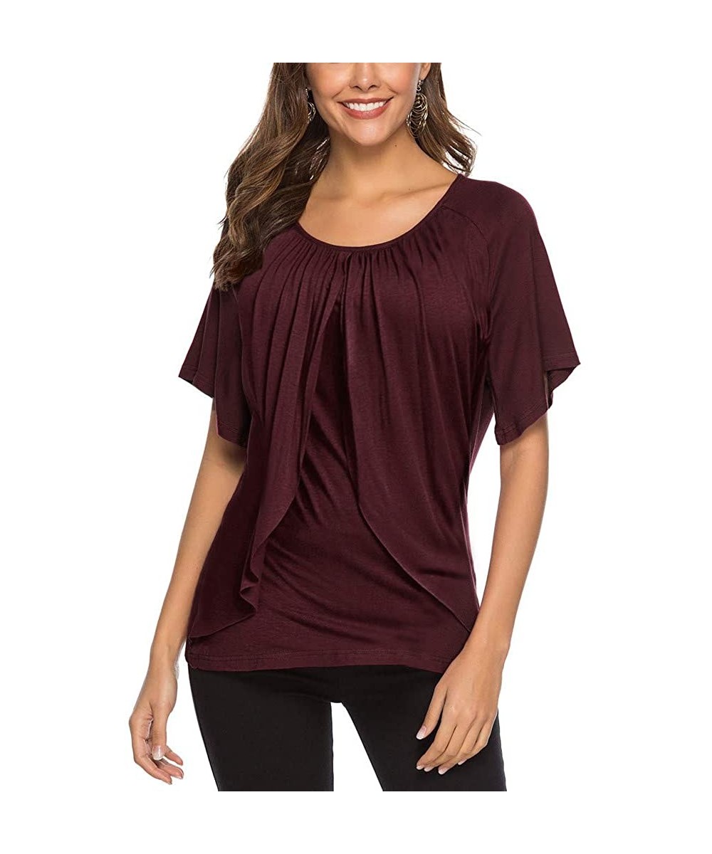 Thermal Underwear Women's Summer Short Sleeve Folds T-Shirt Cotton Loose Solid O-Neck Casual Blouses Tops - Wine - CC197NDOG4I