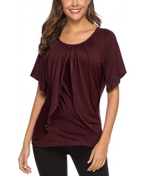 Thermal Underwear Women's Summer Short Sleeve Folds T-Shirt Cotton Loose Solid O-Neck Casual Blouses Tops - Wine - CC197NDOG4I