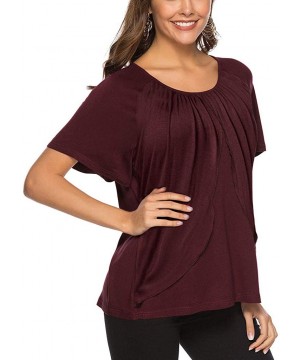 Thermal Underwear Women's Summer Short Sleeve Folds T-Shirt Cotton Loose Solid O-Neck Casual Blouses Tops - Wine - CC197NDOG4I