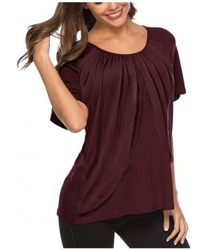 Thermal Underwear Women's Summer Short Sleeve Folds T-Shirt Cotton Loose Solid O-Neck Casual Blouses Tops - Wine - CC197NDOG4I