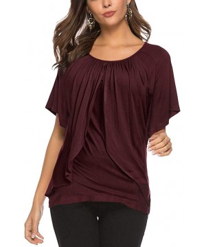 Thermal Underwear Women's Summer Short Sleeve Folds T-Shirt Cotton Loose Solid O-Neck Casual Blouses Tops - Wine - CC197NDOG4I