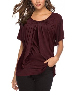 Thermal Underwear Women's Summer Short Sleeve Folds T-Shirt Cotton Loose Solid O-Neck Casual Blouses Tops - Wine - CC197NDOG4I