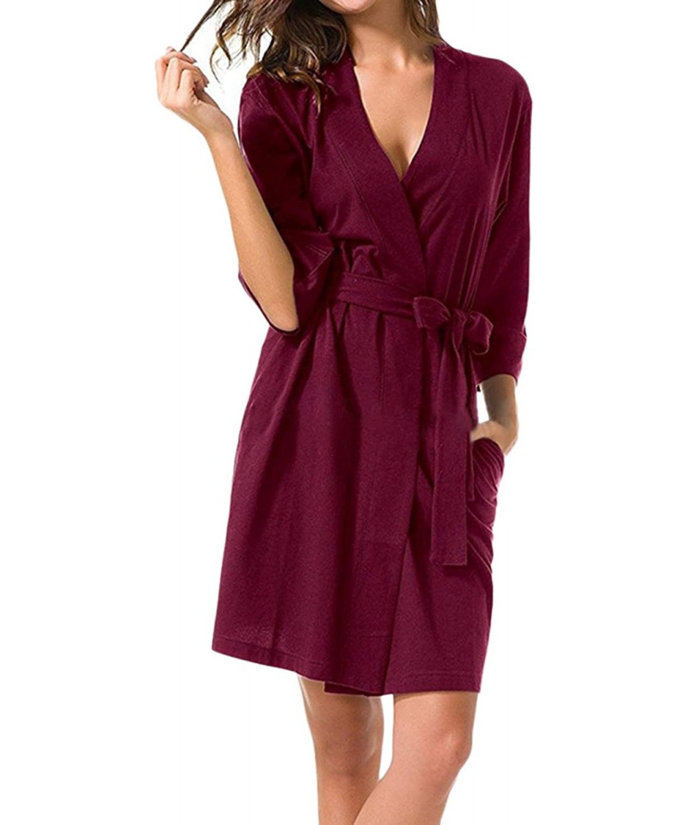 Robes Women's Knit Cotton Lightweight Kimono Robe Bathrobe with Side Pockets - Ruby - CI198NWSRKK