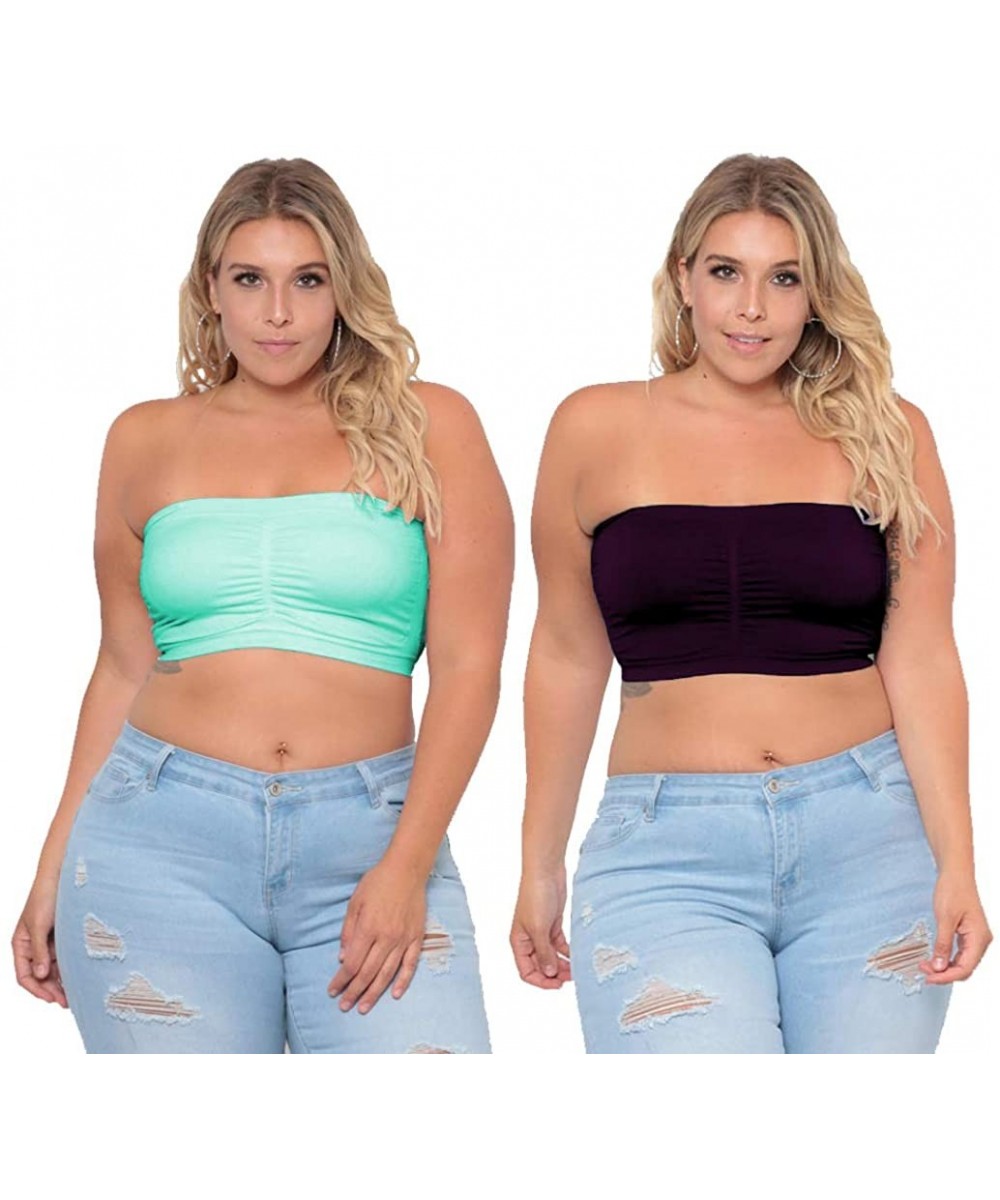 Bras Fashion Plus Size Seamless Strapless Bandeau Tube Top Bra (Sold as 2-3 or 4 Pack) - Mint/Aubergine - CL18H8G5WKS