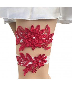 Garters & Garter Belts Lady 2019 Romantic Flower Rhinestones Wedding Bridal Lace Garter Set 2 Pcs - Style 18-dark Red - CU187...