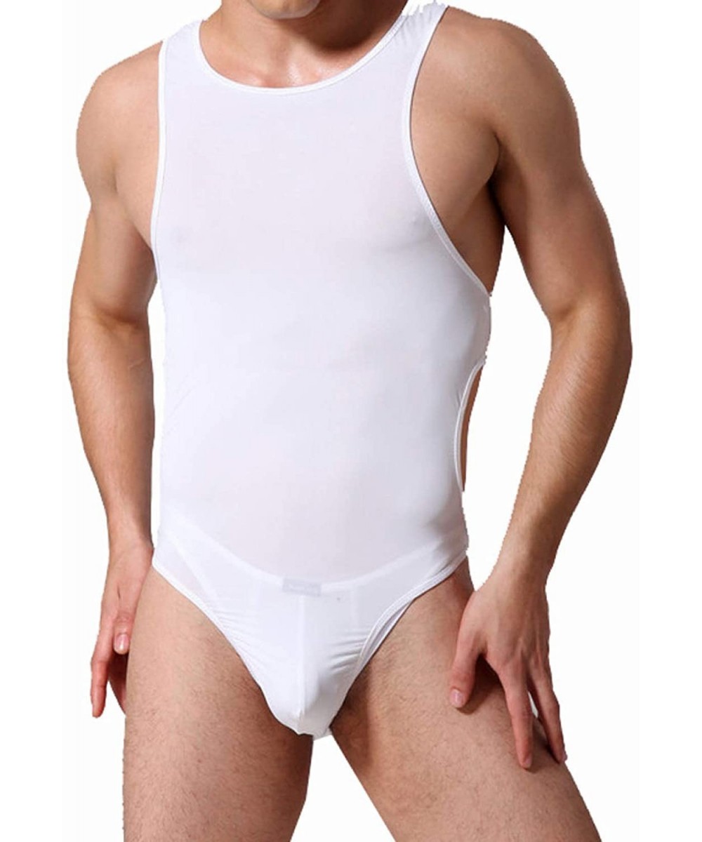 Shapewear Men's One-Piece Mankini Bodysuit Waist Adjust High Cut Thongs Leotard Racer Bikini Swimsuit - White - CE19DLQ62IK