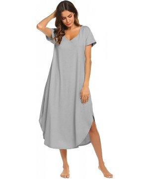 Nightgowns & Sleepshirts Sleepwear Women's Casual V Neck Nightshirt Short Sleeve Long Nightgown - Misty Grey - CH18ERDCHUN