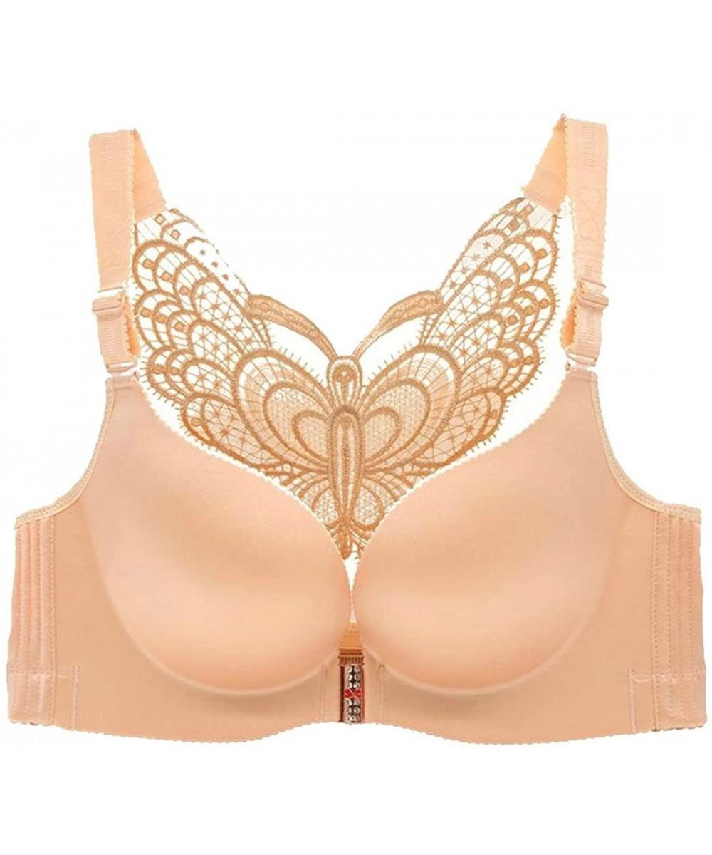 Bras Women's Large Size Front Closure Butterfly Beauty Back No Underwire Bras - Apricot - CT18DYH5A26