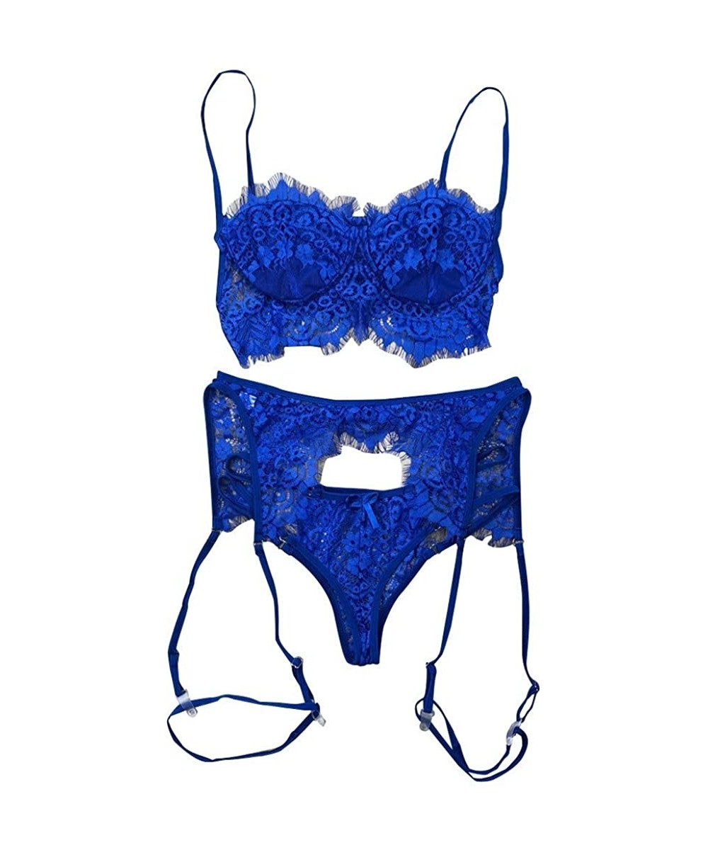 Accessories 3Pc Women Lace Lingerie Set Sexy Bra Panties Garter Set Babydoll Underwear Sleepwear Nightwear - Blue - CM1987AD0E9