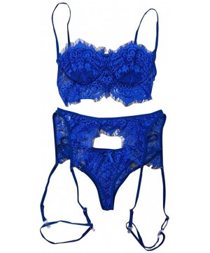 Accessories 3Pc Women Lace Lingerie Set Sexy Bra Panties Garter Set Babydoll Underwear Sleepwear Nightwear - Blue - CM1987AD0E9