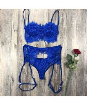 Accessories 3Pc Women Lace Lingerie Set Sexy Bra Panties Garter Set Babydoll Underwear Sleepwear Nightwear - Blue - CM1987AD0E9