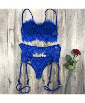 Accessories 3Pc Women Lace Lingerie Set Sexy Bra Panties Garter Set Babydoll Underwear Sleepwear Nightwear - Blue - CM1987AD0E9