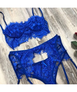 Accessories 3Pc Women Lace Lingerie Set Sexy Bra Panties Garter Set Babydoll Underwear Sleepwear Nightwear - Blue - CM1987AD0E9