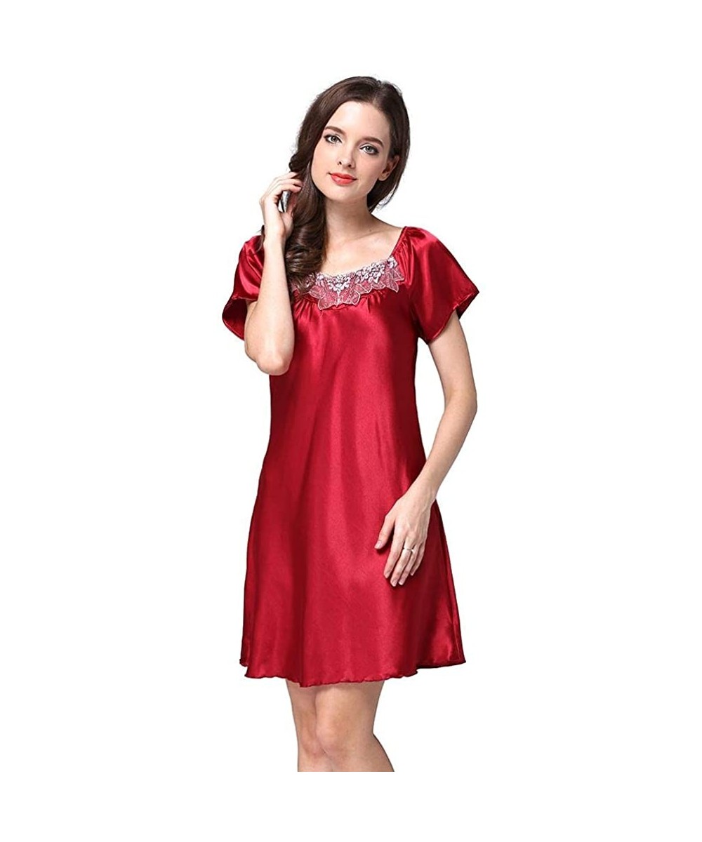 Nightgowns & Sleepshirts Sleepwear Womens Nightgown Sexy Short Sleeve Nightdress Crewneck Night Shirt - B Crimson - CX19736AH2I