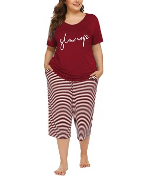 Sets Plus Size Cotton Pajamas Capris Pants Set Striped for Women Sleep Shirts Loungewear Sleepwear 3X 4X 5X Wine Red 3 - CP19...