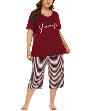 Sets Plus Size Cotton Pajamas Capris Pants Set Striped for Women Sleep Shirts Loungewear Sleepwear 3X 4X 5X Wine Red 3 - CP19...