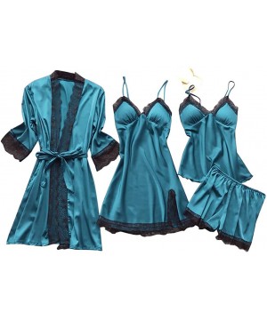 Nightgowns & Sleepshirts Women's 4PCS Silk Satin Pajama Set Cami Top Nightgown Lace Sleepwear Robe Babydoll Sets Sexy Nightdr...