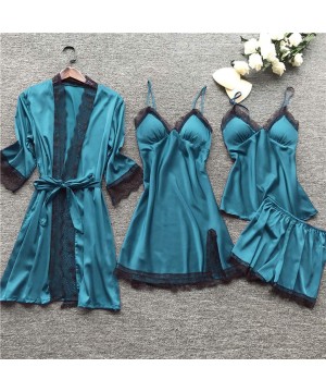 Nightgowns & Sleepshirts Women's 4PCS Silk Satin Pajama Set Cami Top Nightgown Lace Sleepwear Robe Babydoll Sets Sexy Nightdr...