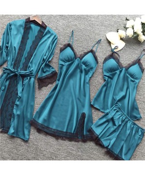 Nightgowns & Sleepshirts Women's 4PCS Silk Satin Pajama Set Cami Top Nightgown Lace Sleepwear Robe Babydoll Sets Sexy Nightdr...