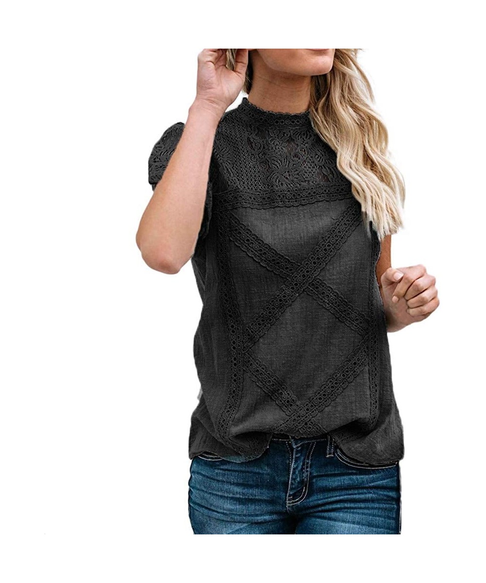 Thermal Underwear Women's Lace Patchwork Flare Ruffle Short-Sleeve T-Shirt Floral Shirt Top - Black - CU18RYM92AD