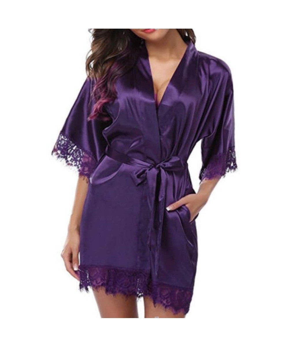 Robes Women's Bathrobe- Women Nightdress Lace Lingerie Sleepwear Dress Robe Nightie Gown Bathrobe Kimono Satin Robes-Purple-L...